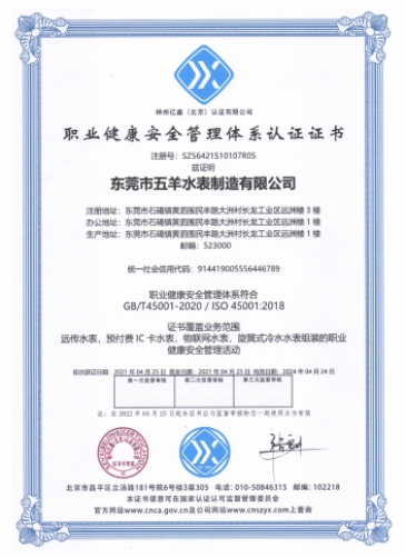 Wuyang Smart Water Meter Qualification Certi